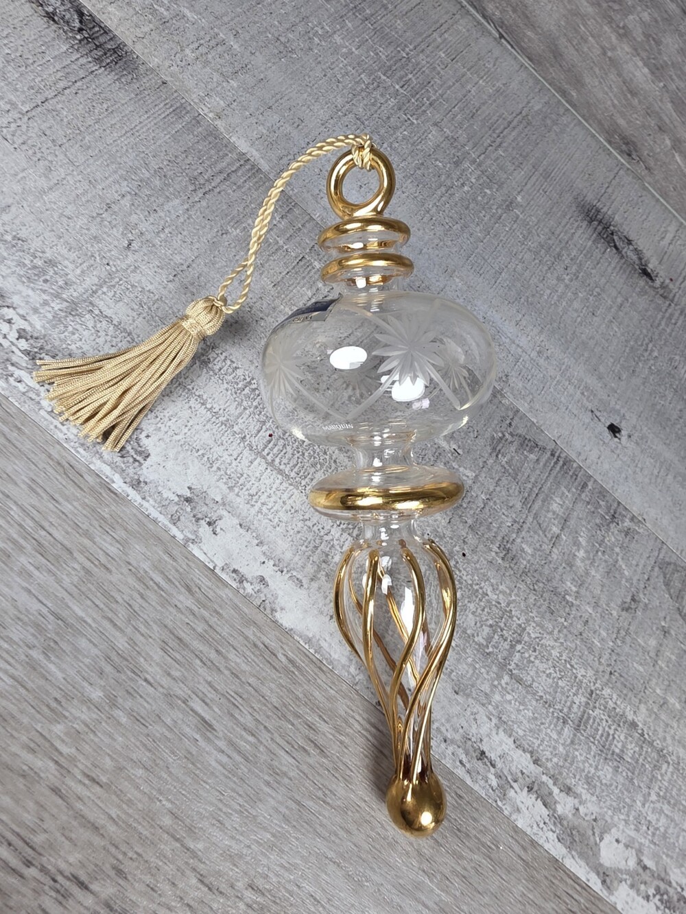Blown Art Glass Finial Etched Floral Christmas Tree Ornament Gold 7.25" g77c1